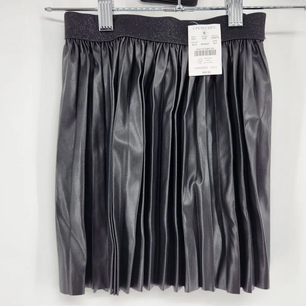 Crewcuts Childrens Girls Black 6-7 Faux‎ Leather Pleated Skirt NWT
